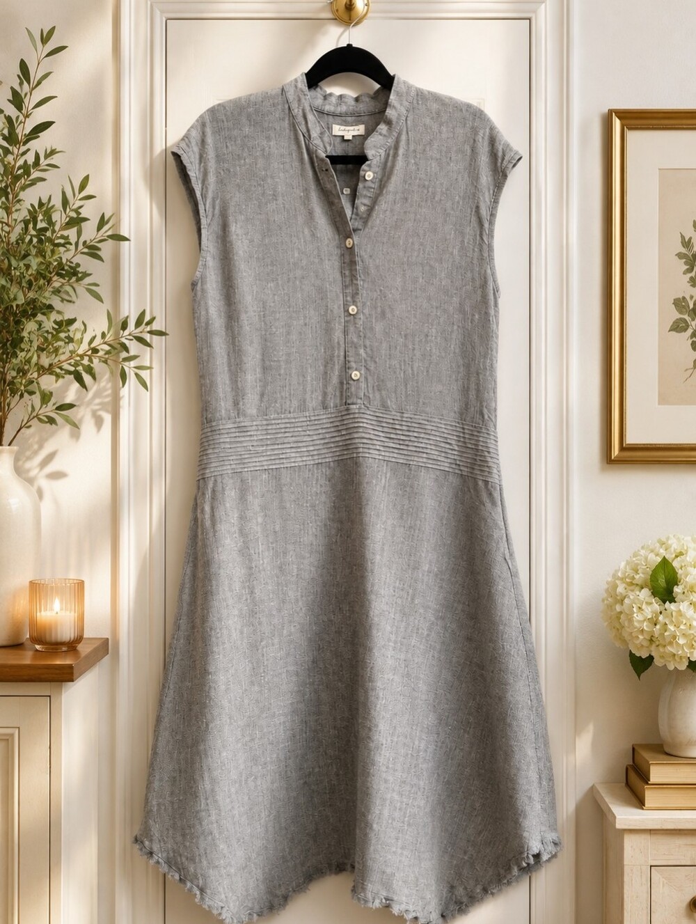 Symphony Chambray Button Midi Dress Pleated Frayed Distressed Whimsical Size M